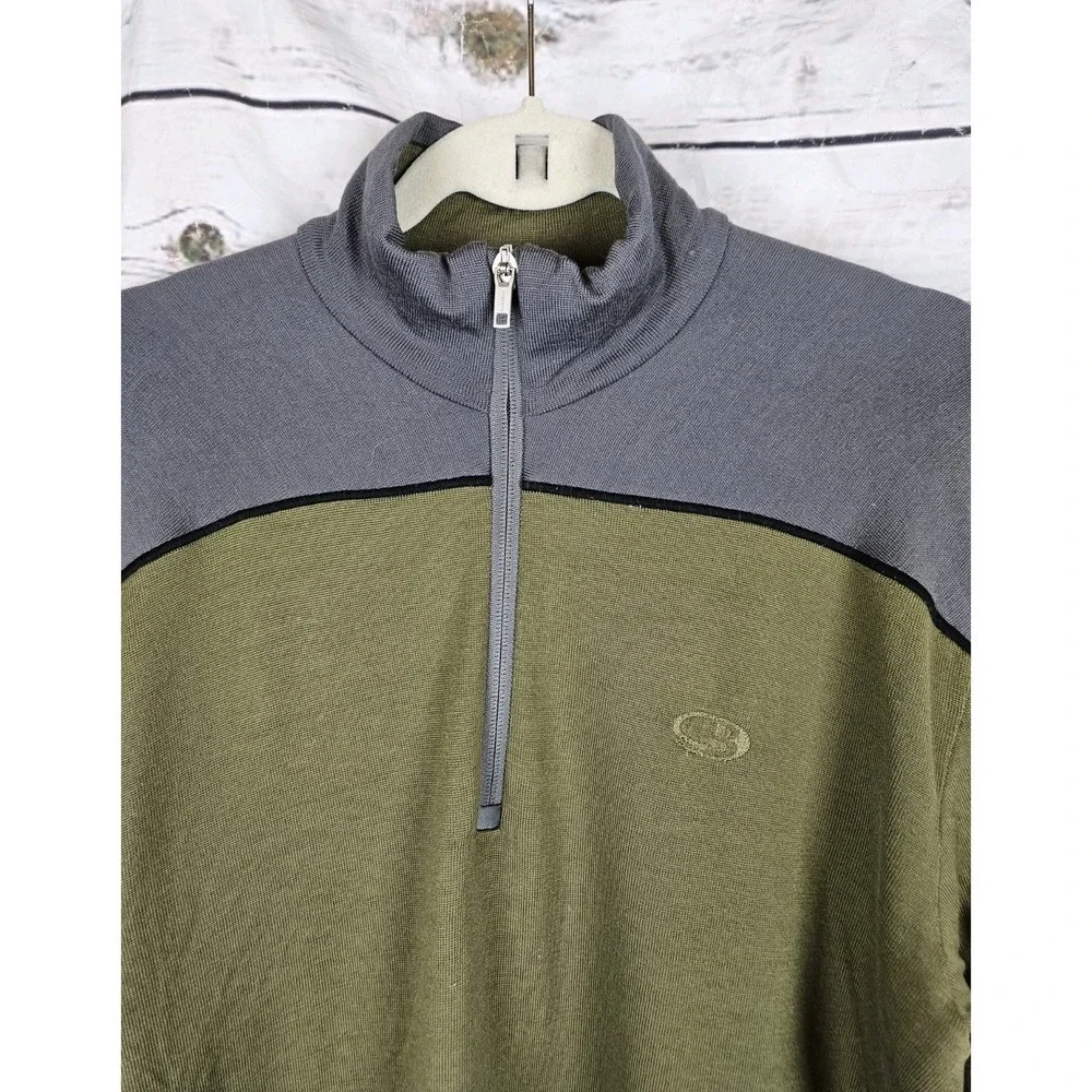 Icebreaker 320 Sport 1/4 Zip Pullover Mens L Merino Wool Base Layer Green Gray - Picture 2 of 8